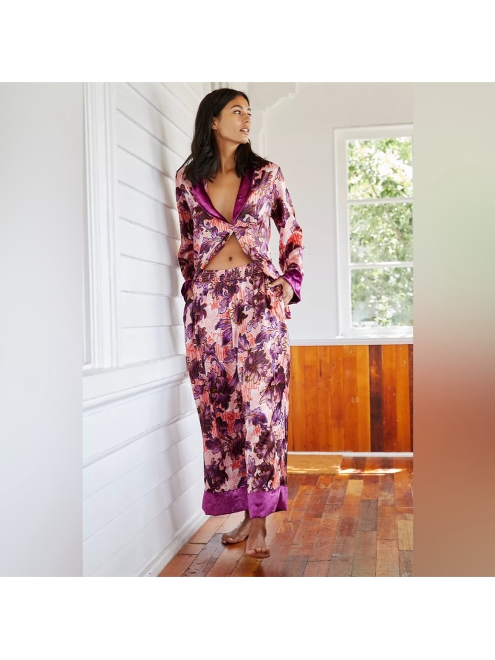 Anthropologie Luxe Pant Sleep Set XS Boho Silky Floral Velvet Romantic Comfy